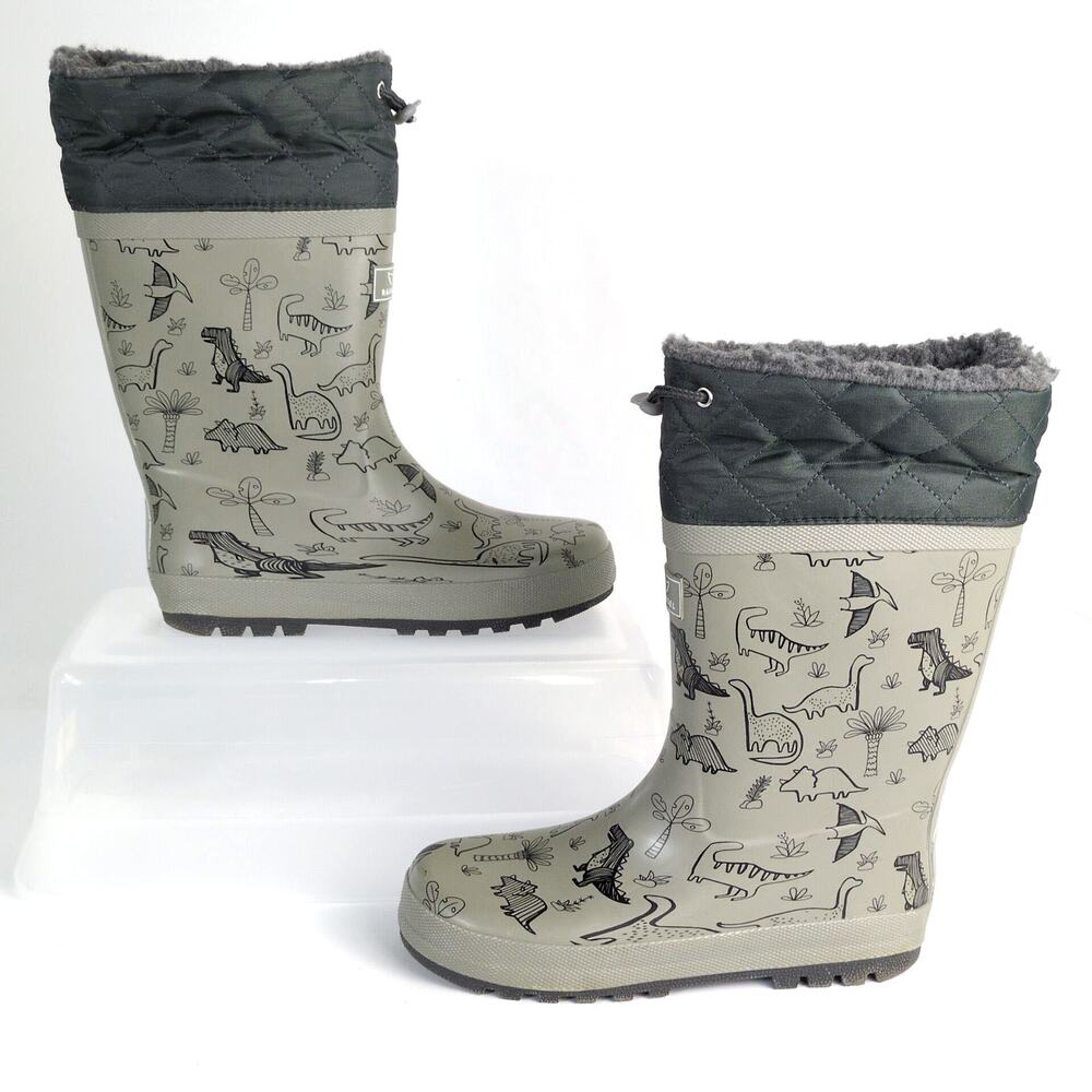 RainAngel Kids Boys 4 Gray Dinosaur Print Rubber Rain Boots, Insulated Lining - Picture 2 of 11